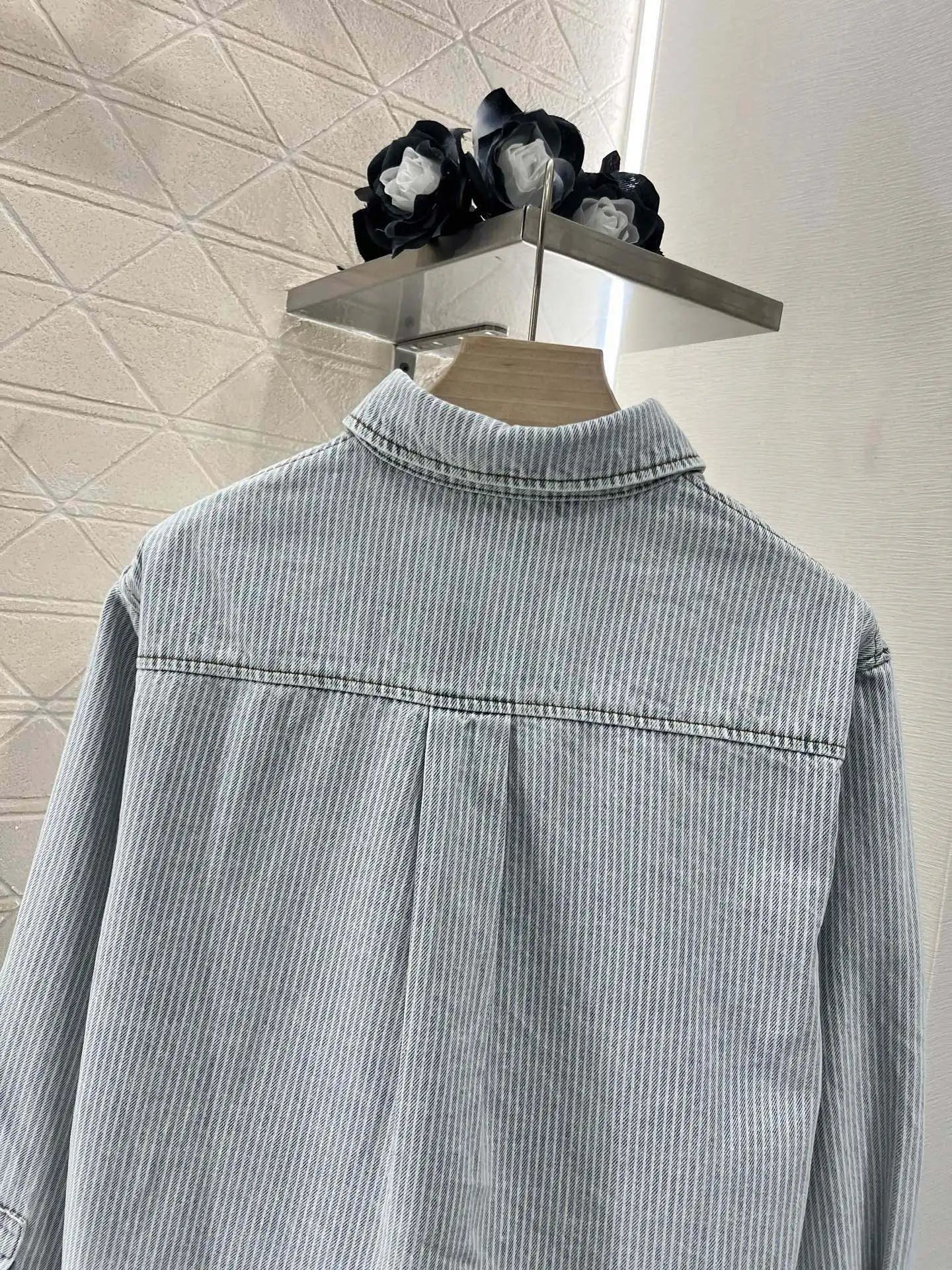 2025 Casual Striped Denim Fringed Shirt