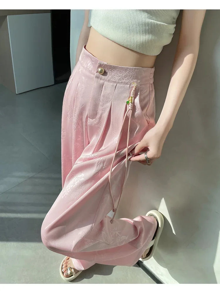 Chinese Style Jacquard Wide Leg Satin Pants – Women