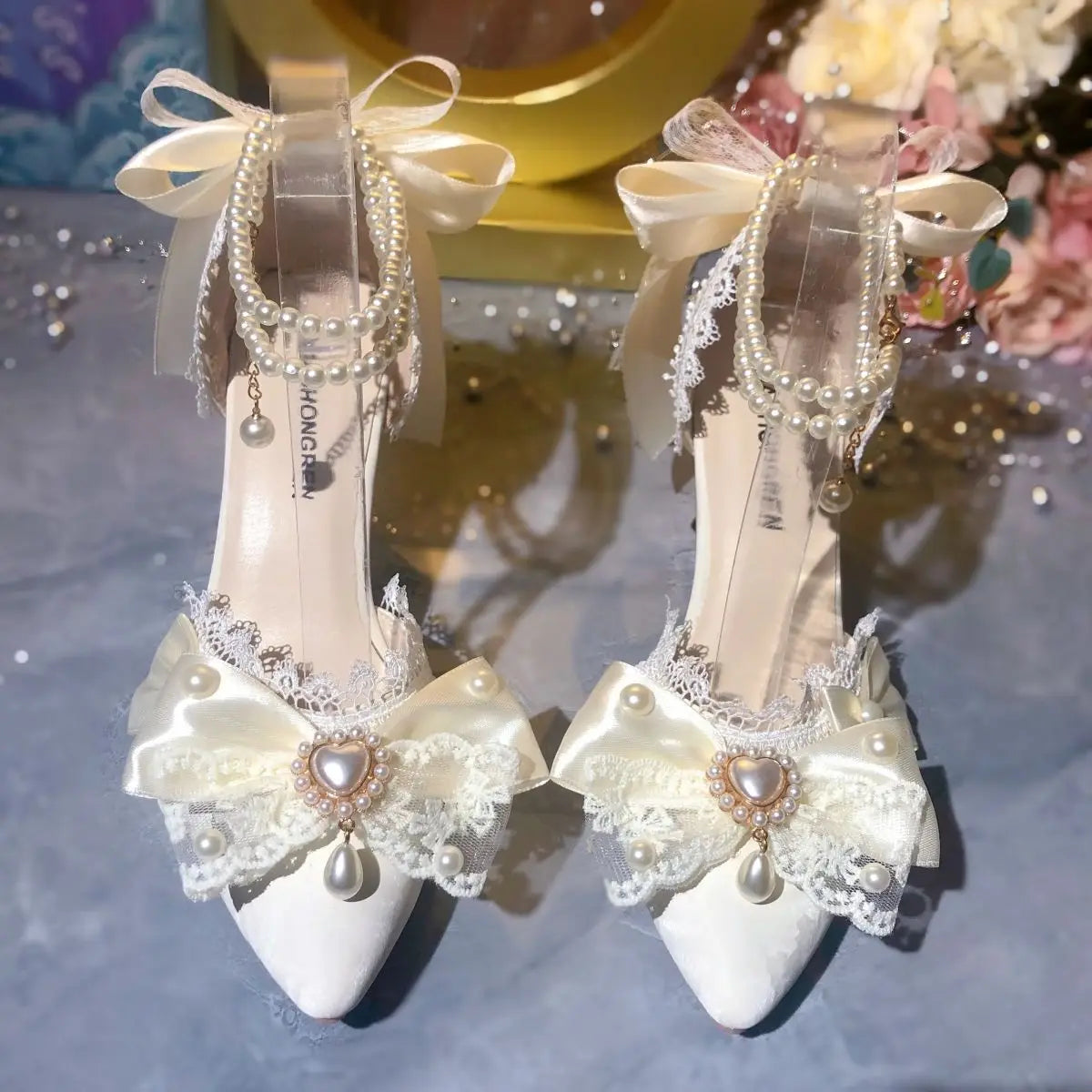White Bridal Mary Jane Heeled Wedding Shoes