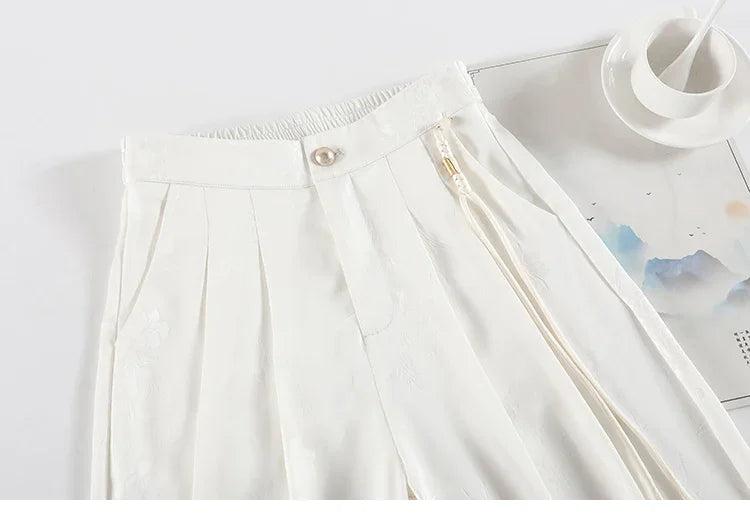 Chinese Style Jacquard Wide Leg Satin Pants – Women