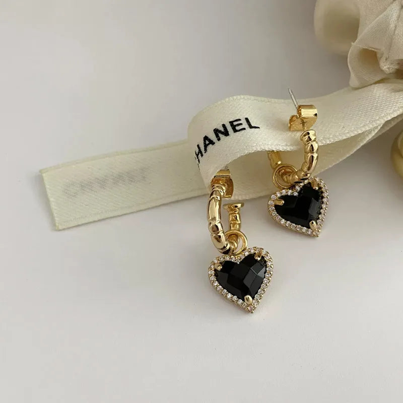 LIVVY Fashion Black LOVE Heart Zircon Drop Earrings