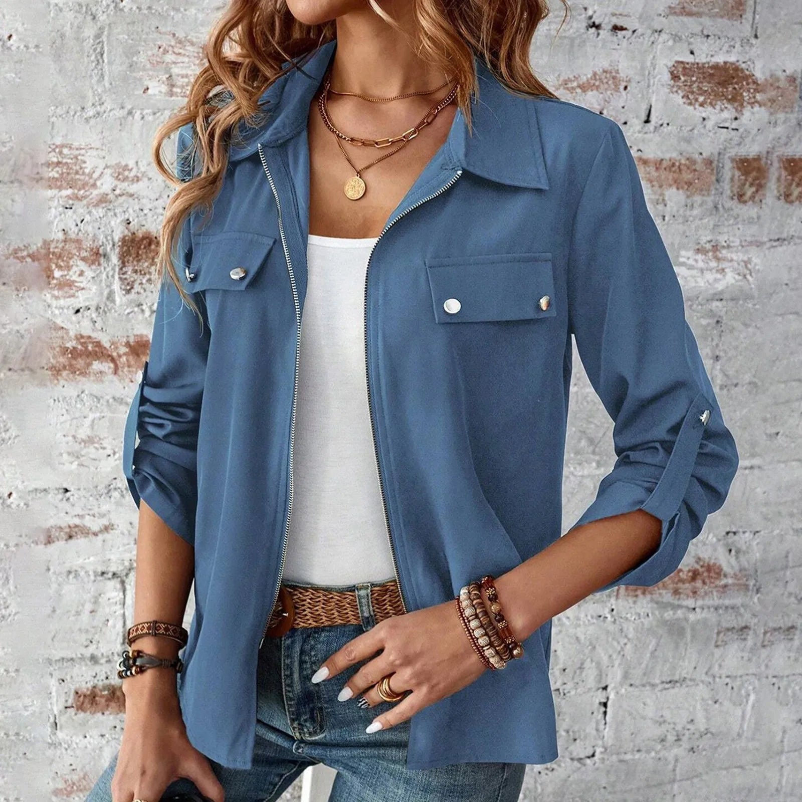 Women’s Long Sleeve Lapel Zip-Up Lightweight Jacket