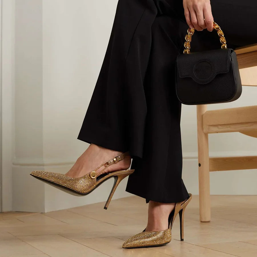 Elegant Rhinestone Pointed Toe Slingback Heels