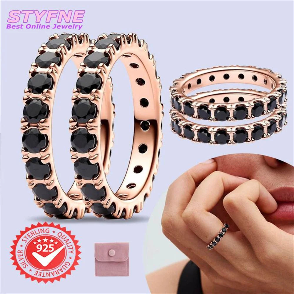 Women’s 925 Sterling Silver Rose Gold Black Striped Zircon Ring