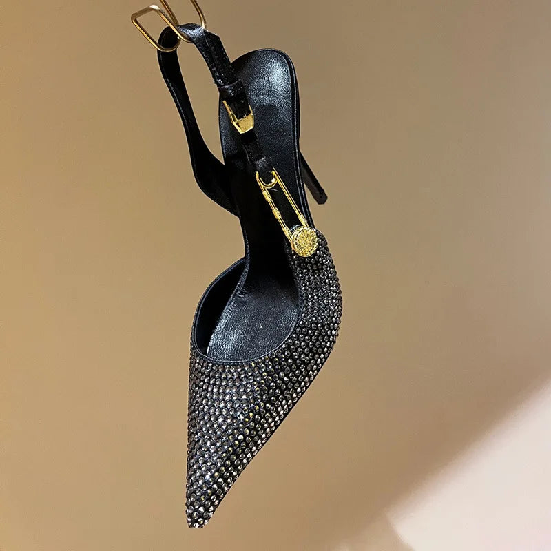 Elegant Rhinestone Pointed Toe Slingback Heels