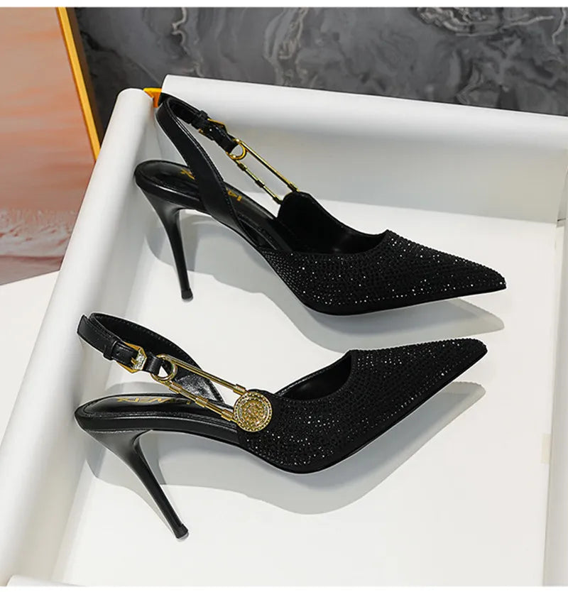 Elegant Rhinestone Pointed Toe Slingback Heels