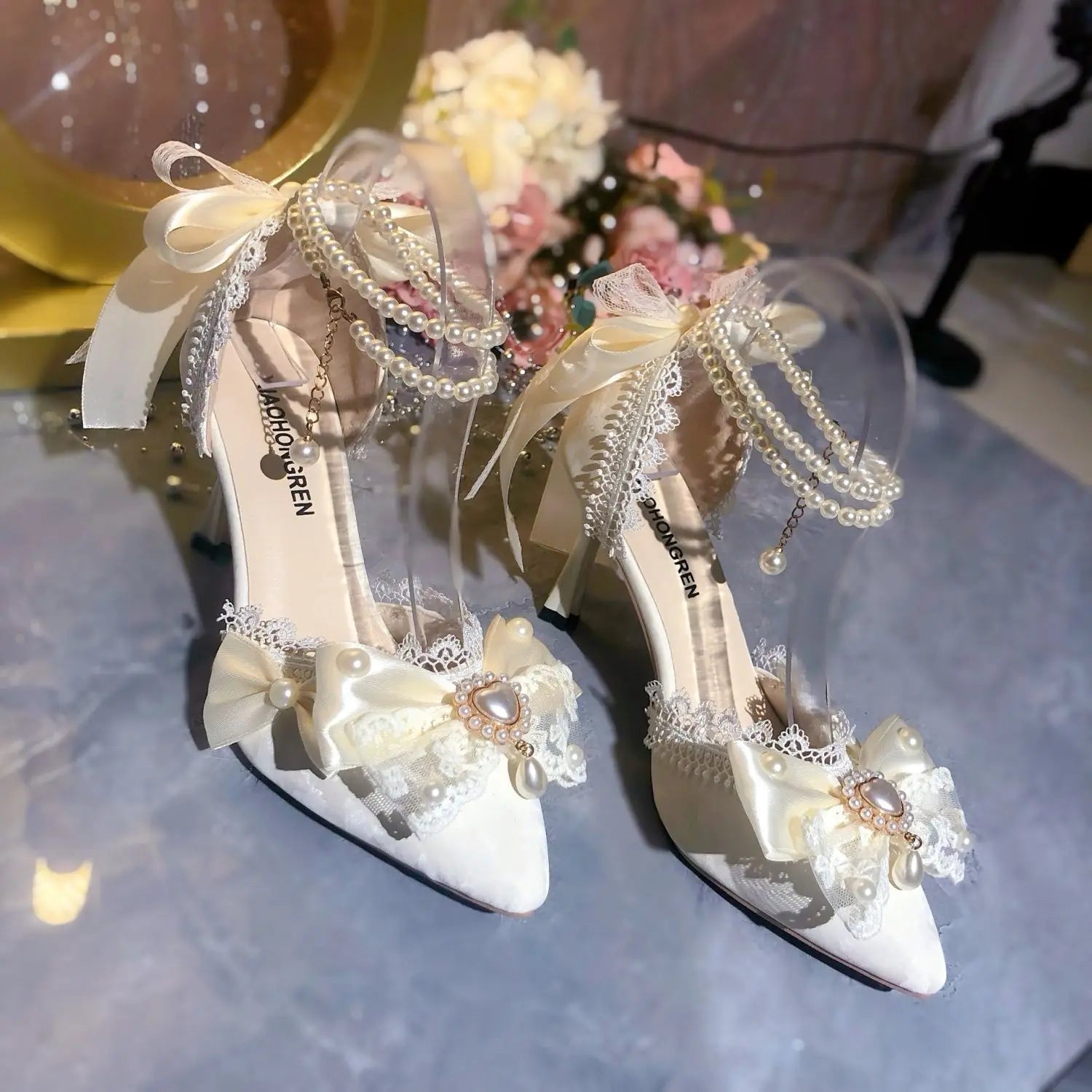 White Bridal Mary Jane Heeled Wedding Shoes