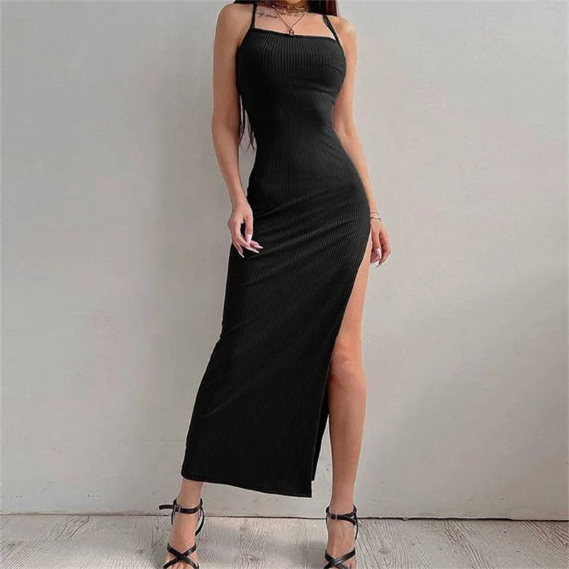 Sexy Black Halter Bodycon Dress with High Split