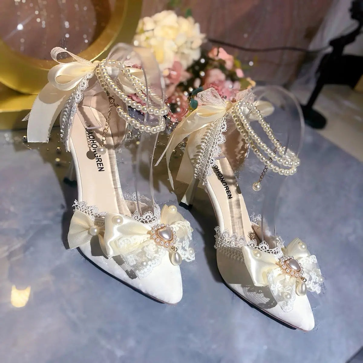 White Bridal Mary Jane Heeled Wedding Shoes