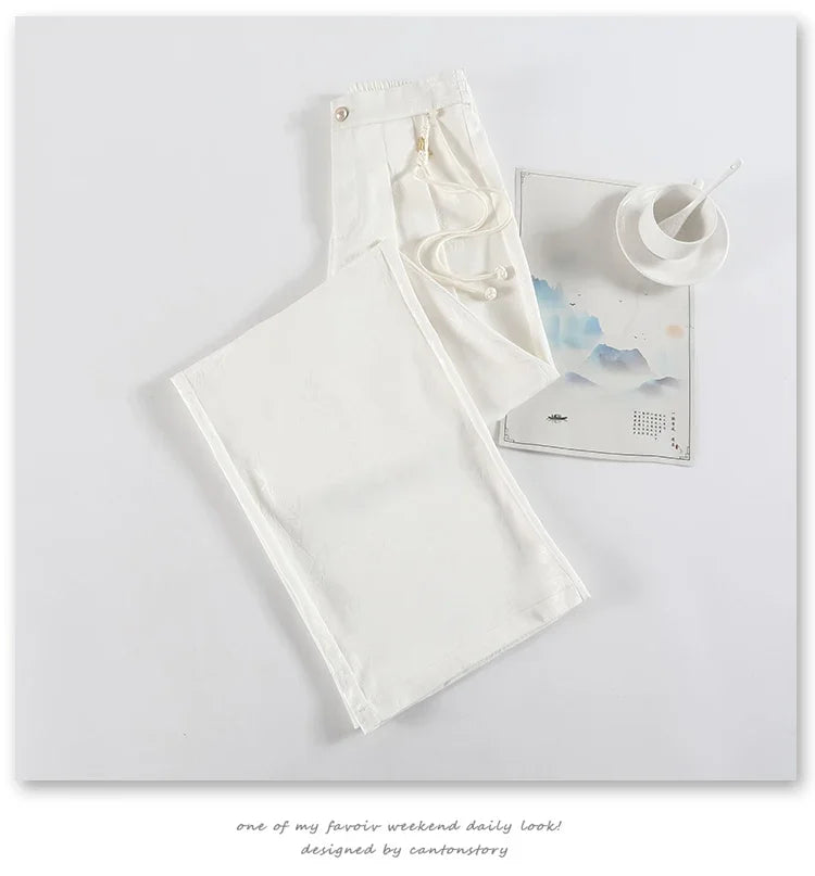 Chinese Style Jacquard Wide Leg Satin Pants – Women