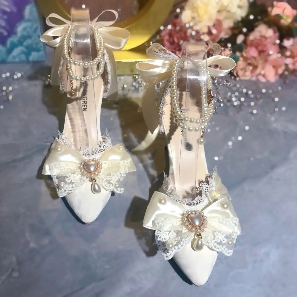 White Bridal Mary Jane Heeled Wedding Shoes