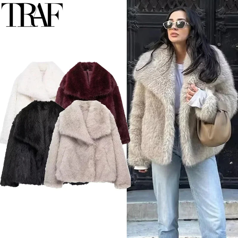TRAF Women’s Faux Fur Plush Winter Coat