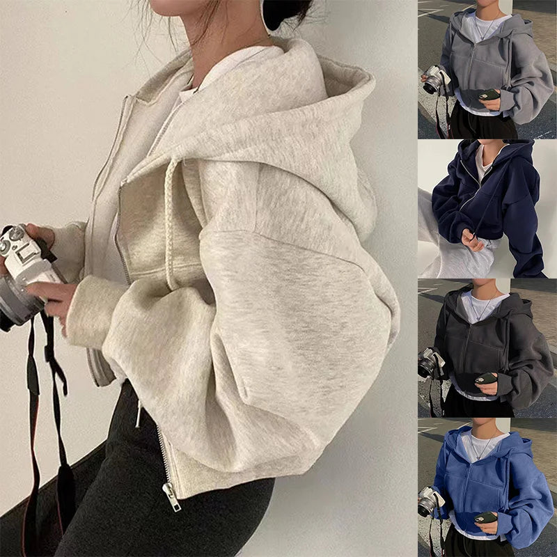 2024 Fleece-Lined Cropped Zip-Up Hoodie – Women