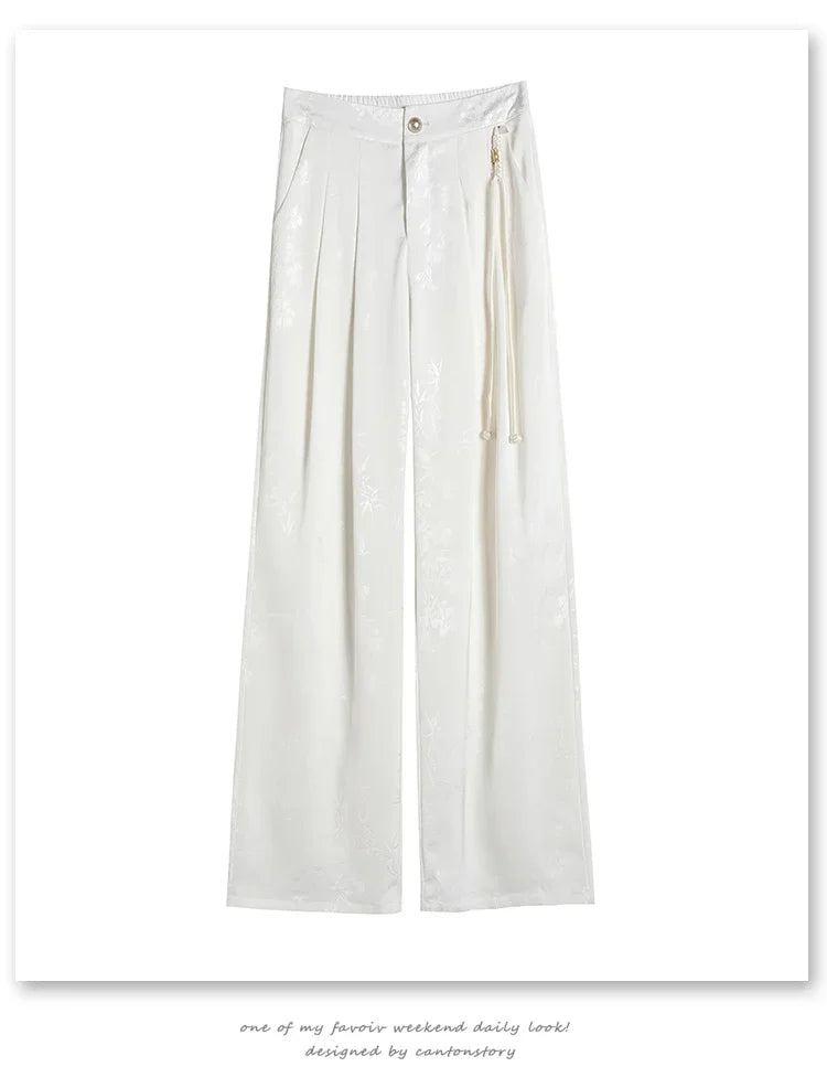 Chinese Style Jacquard Wide Leg Satin Pants – Women