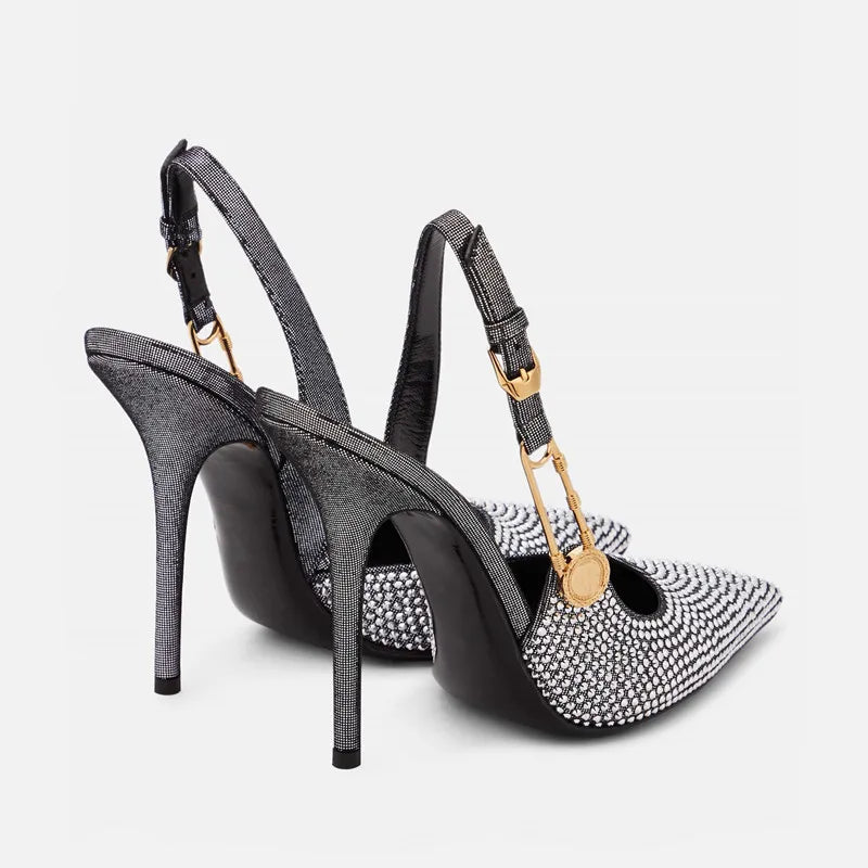 Elegant Rhinestone Pointed Toe Slingback Heels
