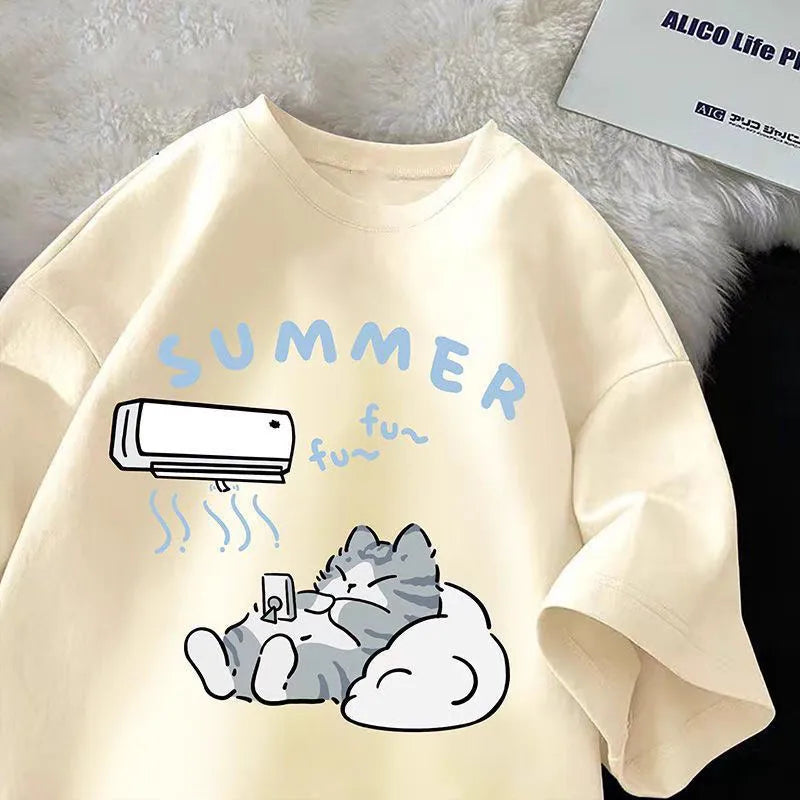 Summer Japanese Cartoon Cute Cat T-Shirt