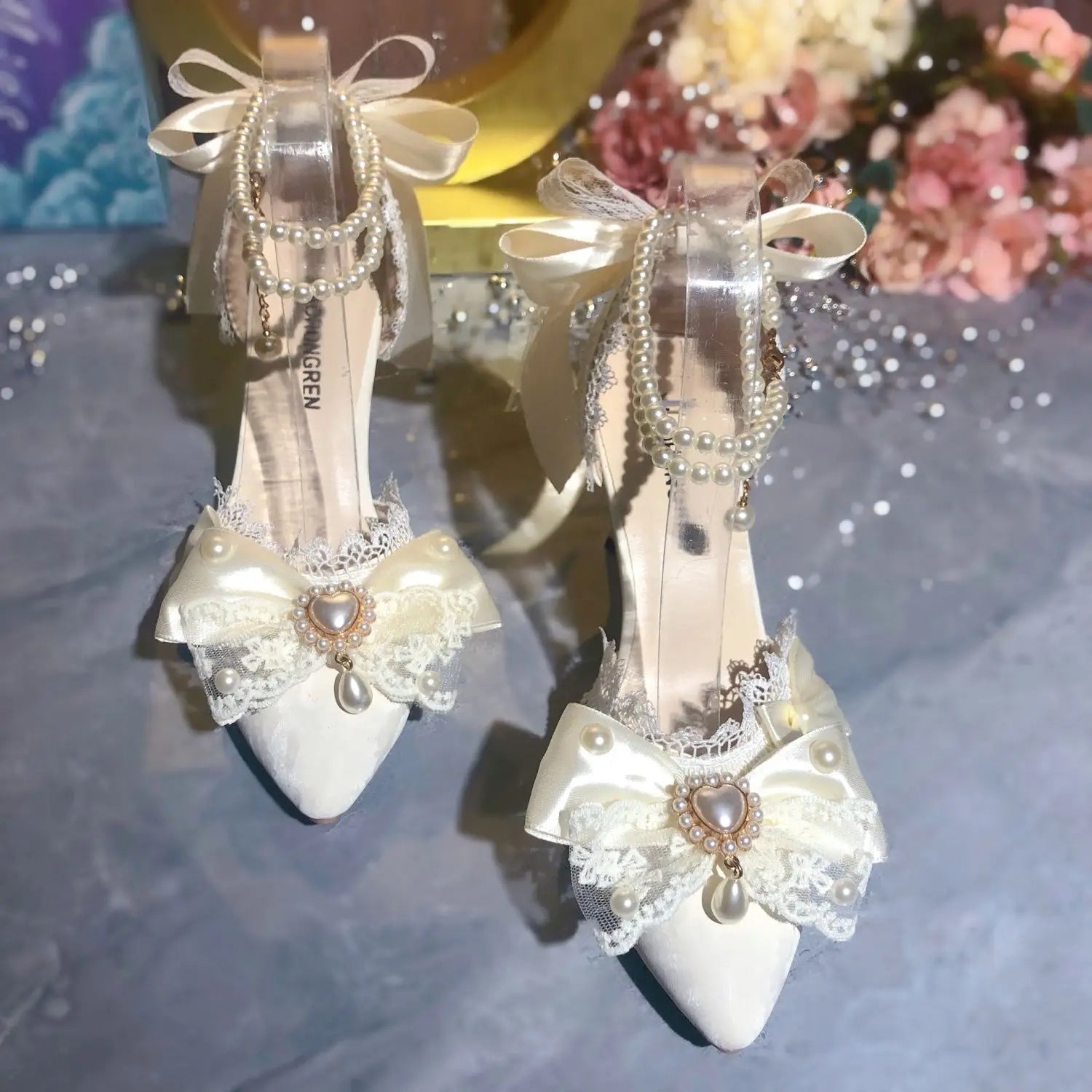 White Bridal Mary Jane Heeled Wedding Shoes