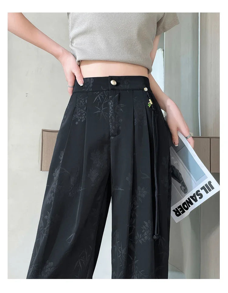 Chinese Style Jacquard Wide Leg Satin Pants – Women