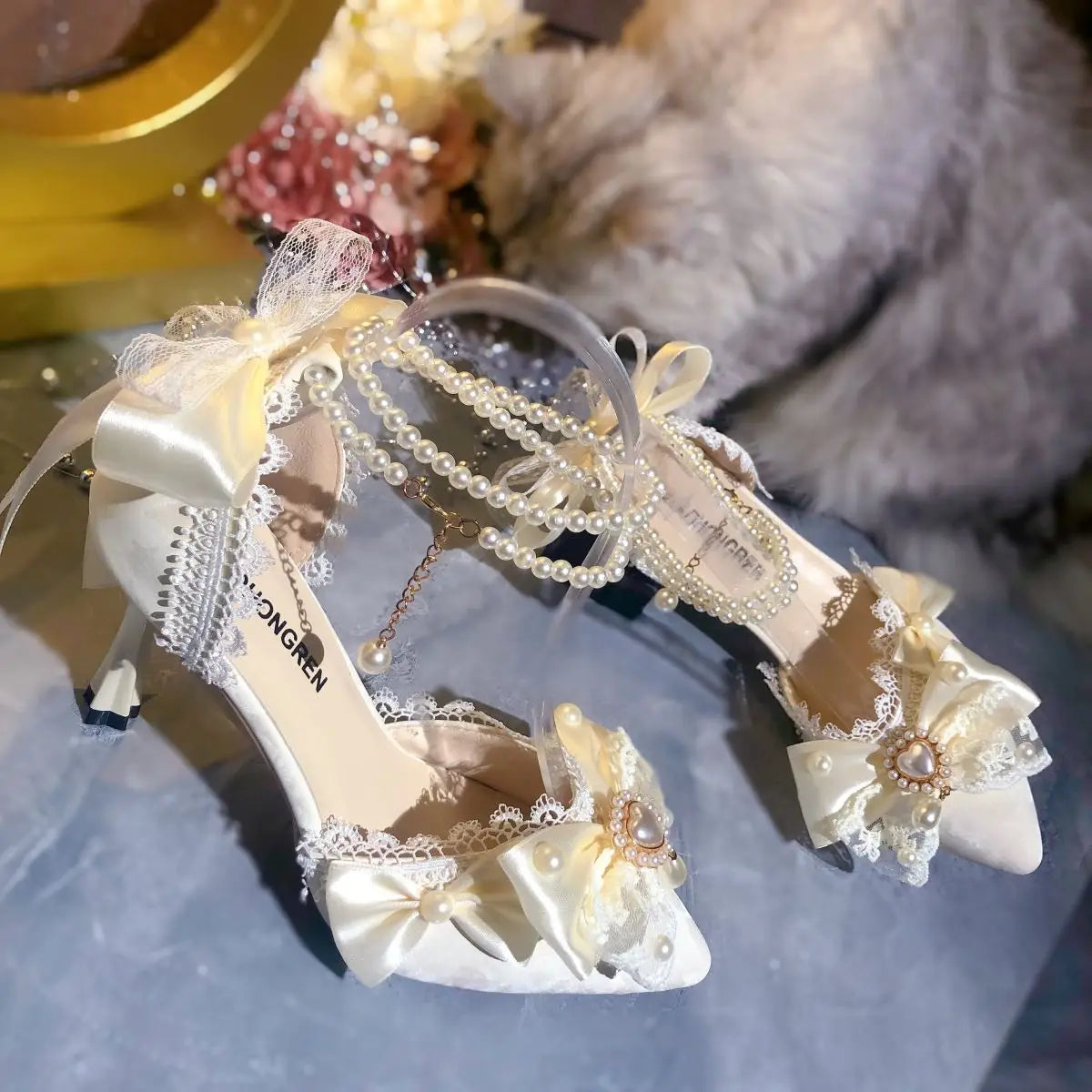White Bridal Mary Jane Heeled Wedding Shoes