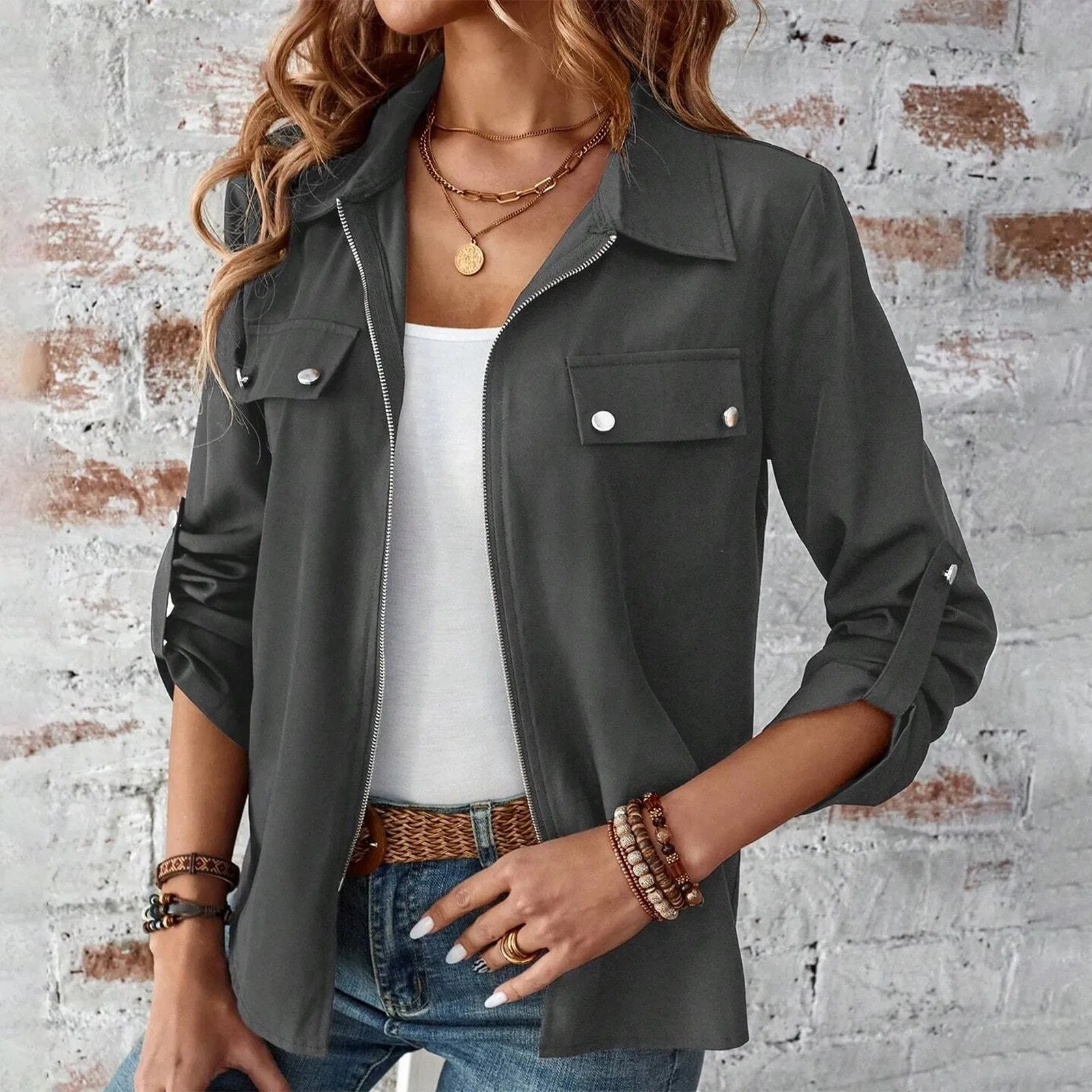 Women’s Long Sleeve Lapel Zip-Up Lightweight Jacket