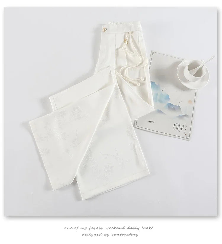 Chinese Style Jacquard Wide Leg Satin Pants – Women