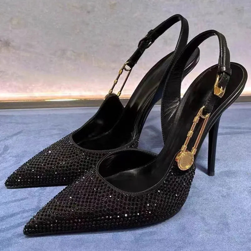 Elegant Rhinestone Pointed Toe Slingback Heels
