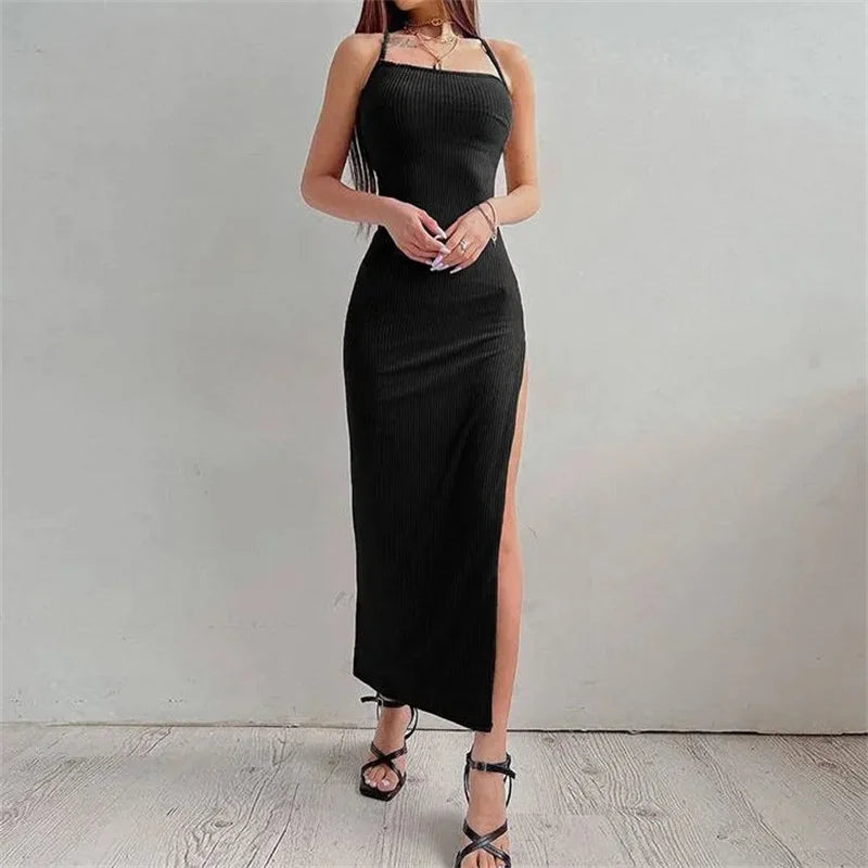 Sexy Black Halter Bodycon Dress with High Split