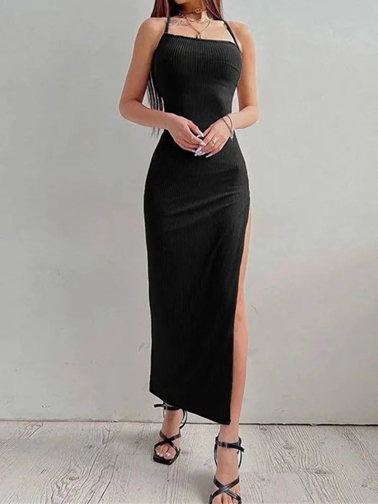 Sexy Black Halter Bodycon Dress with High Split
