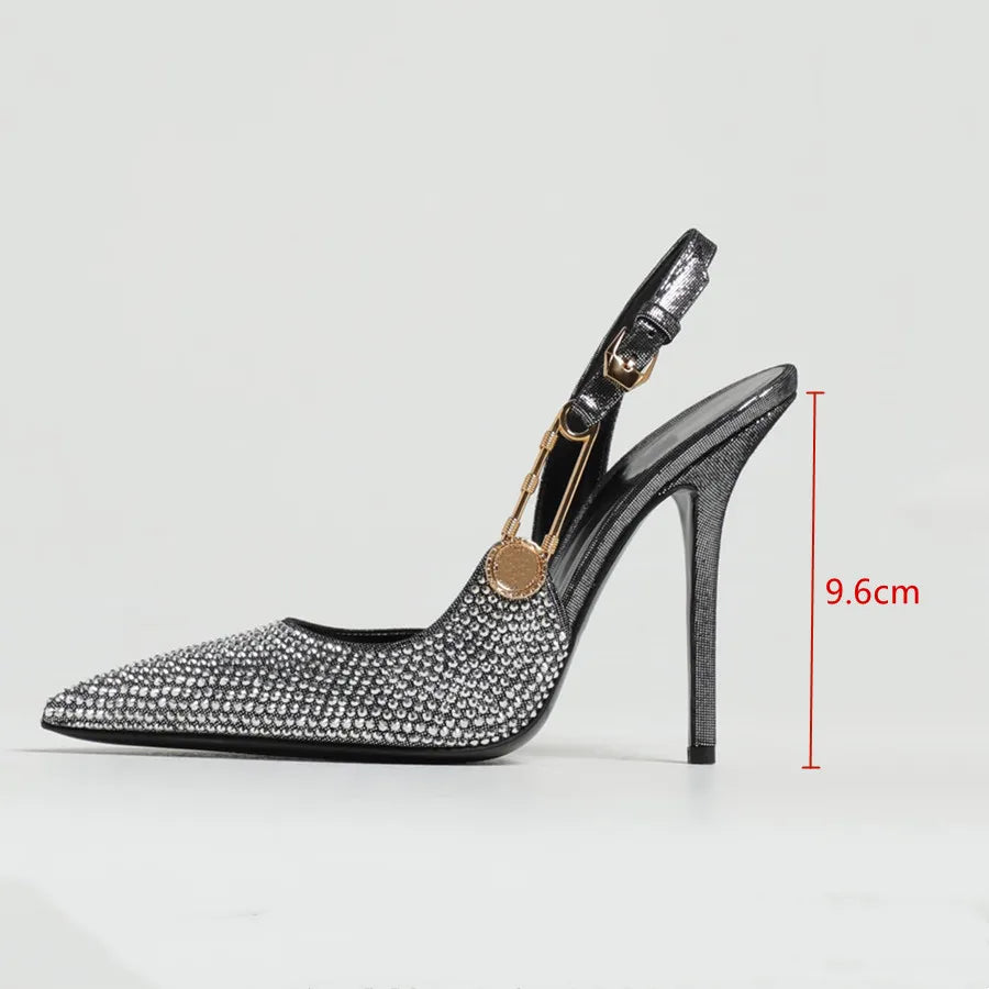 Elegant Rhinestone Pointed Toe Slingback Heels