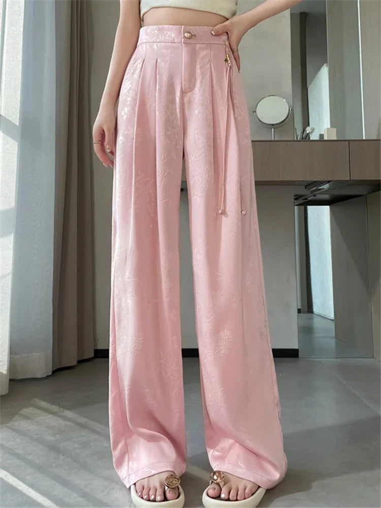 Chinese Style Jacquard Wide Leg Satin Pants – Women