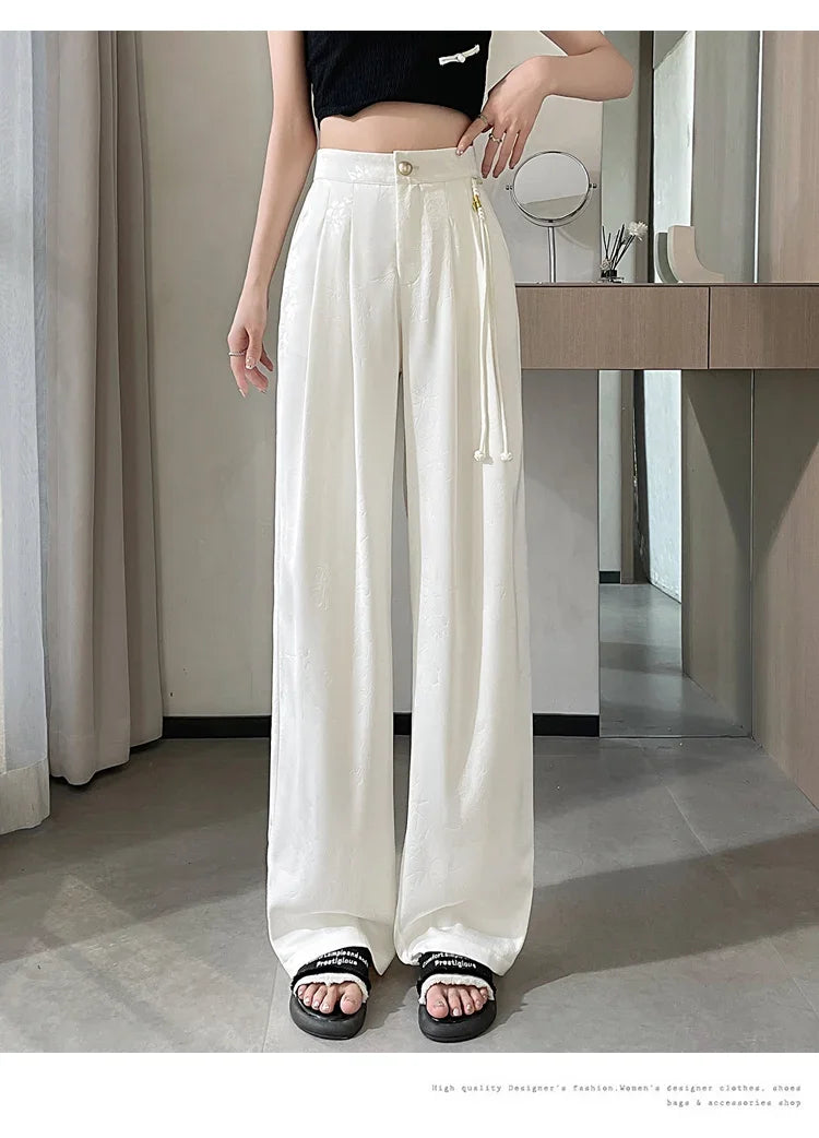 Chinese Style Jacquard Wide Leg Satin Pants – Women