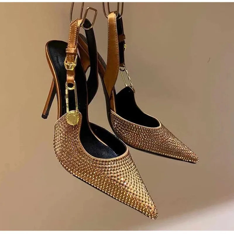 Elegant Rhinestone Pointed Toe Slingback Heels