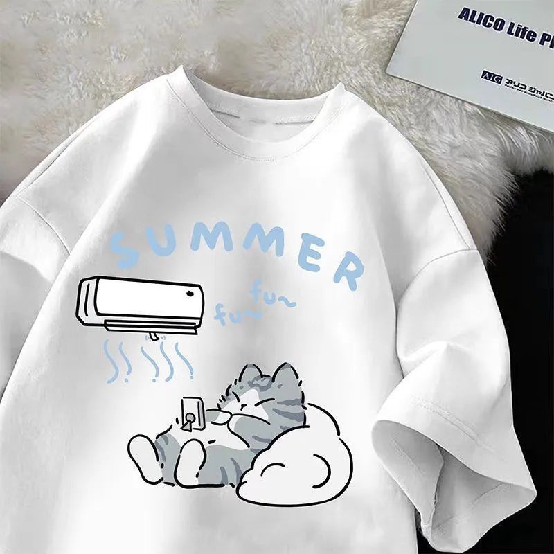 Summer Japanese Cartoon Cute Cat T-Shirt