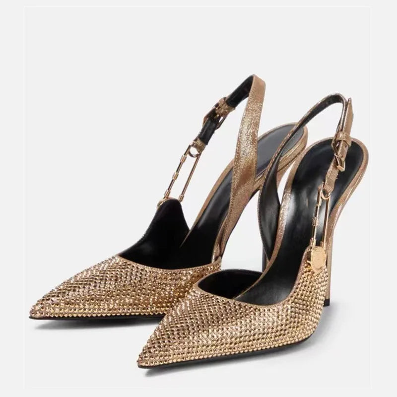 Elegant Rhinestone Pointed Toe Slingback Heels