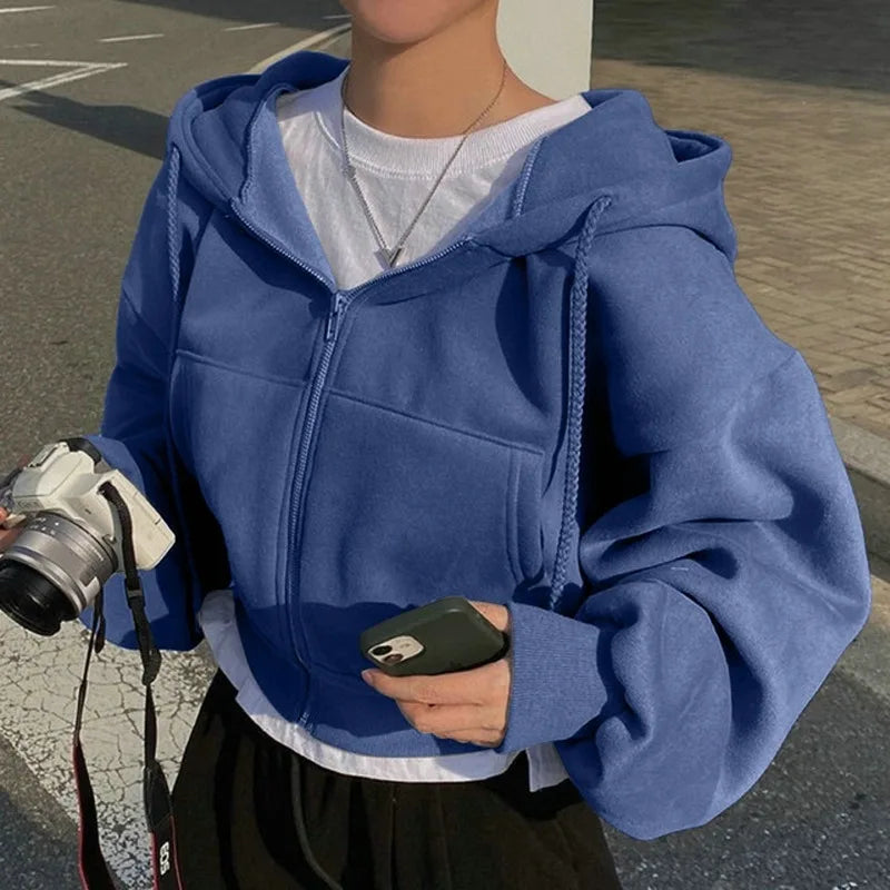 2024 Fleece-Lined Cropped Zip-Up Hoodie – Women