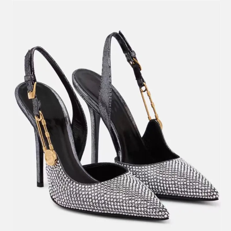 Elegant Rhinestone Pointed Toe Slingback Heels
