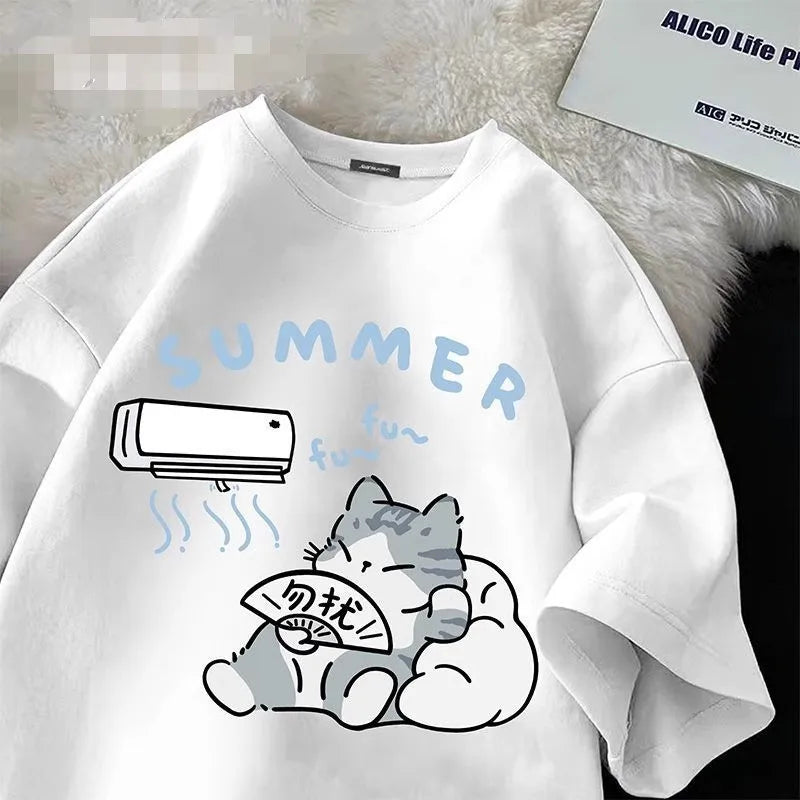 Summer Japanese Cartoon Cute Cat T-Shirt
