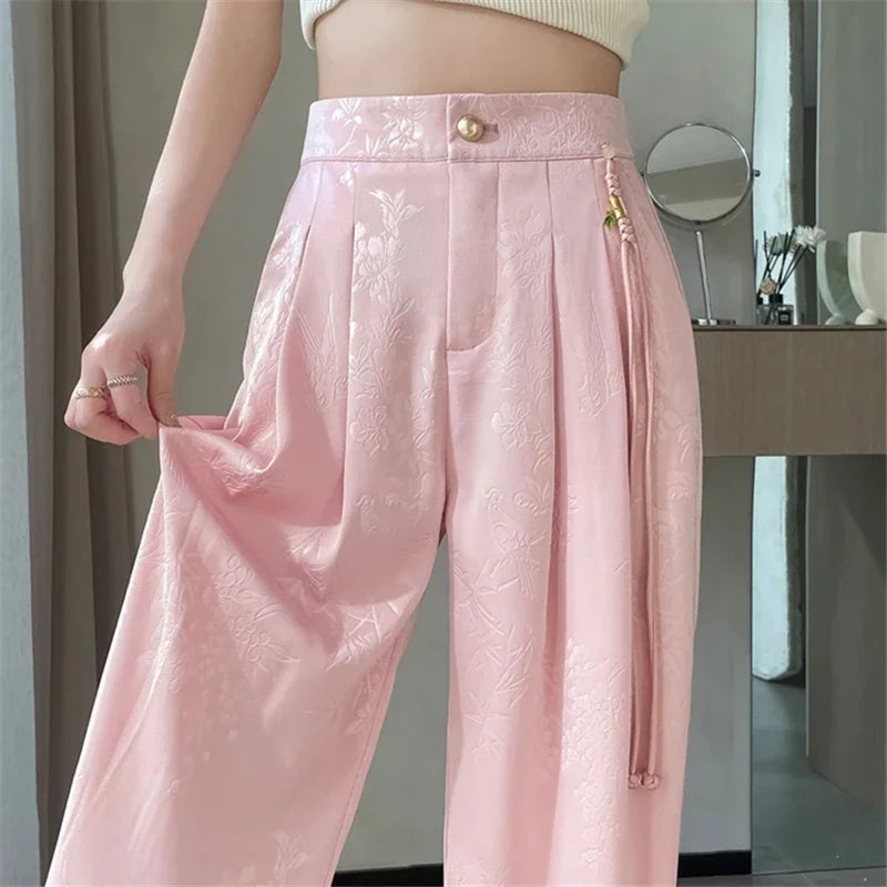 Chinese Style Jacquard Wide Leg Satin Pants – Women