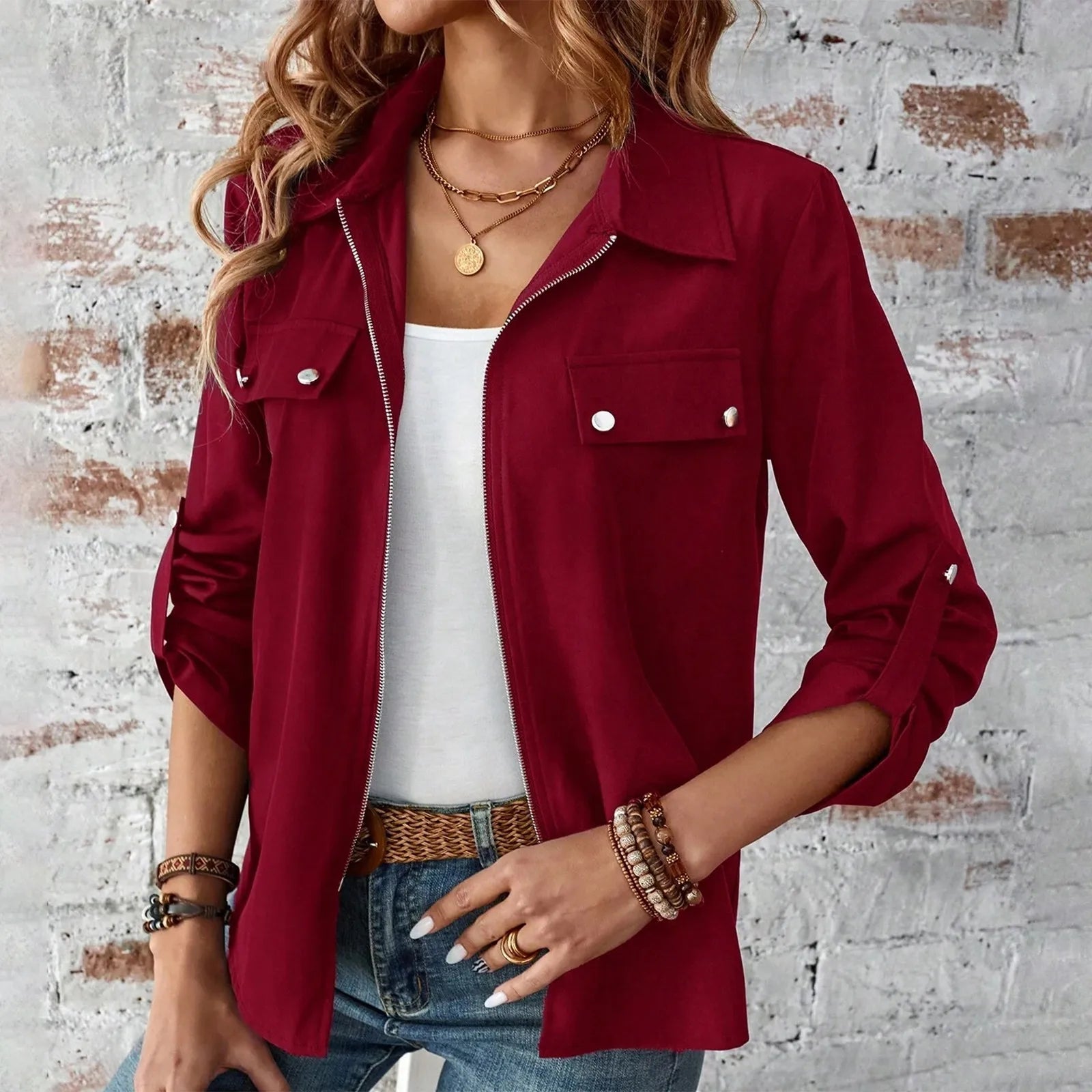 Women’s Long Sleeve Lapel Zip-Up Lightweight Jacket
