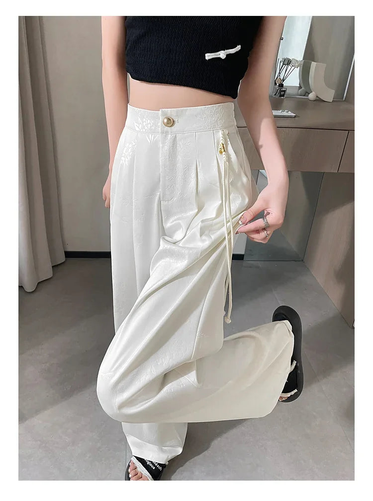 Chinese Style Jacquard Wide Leg Satin Pants – Women