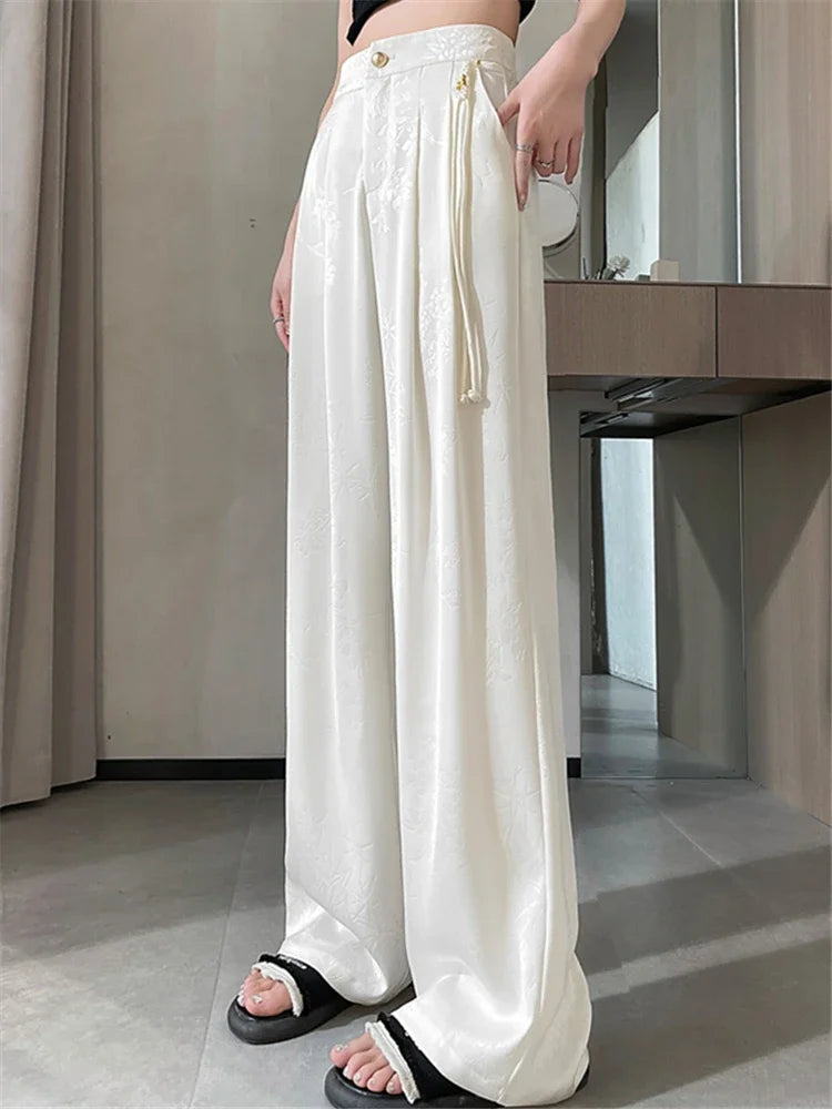 Chinese Style Jacquard Wide Leg Satin Pants – Women