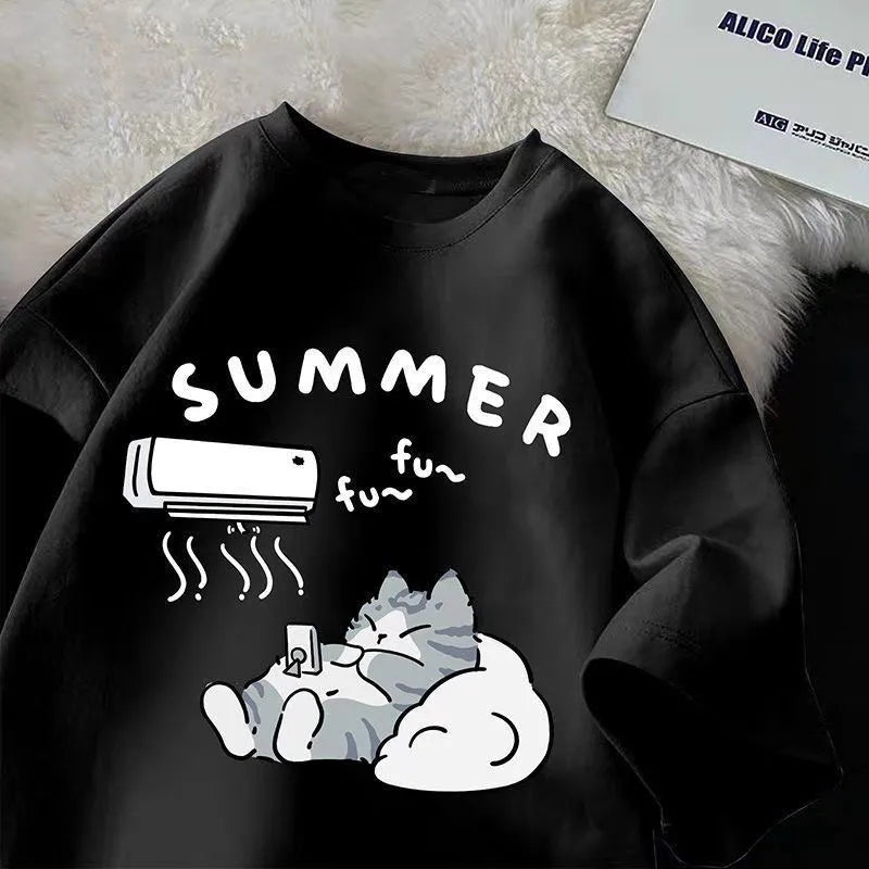 Summer Japanese Cartoon Cute Cat T-Shirt