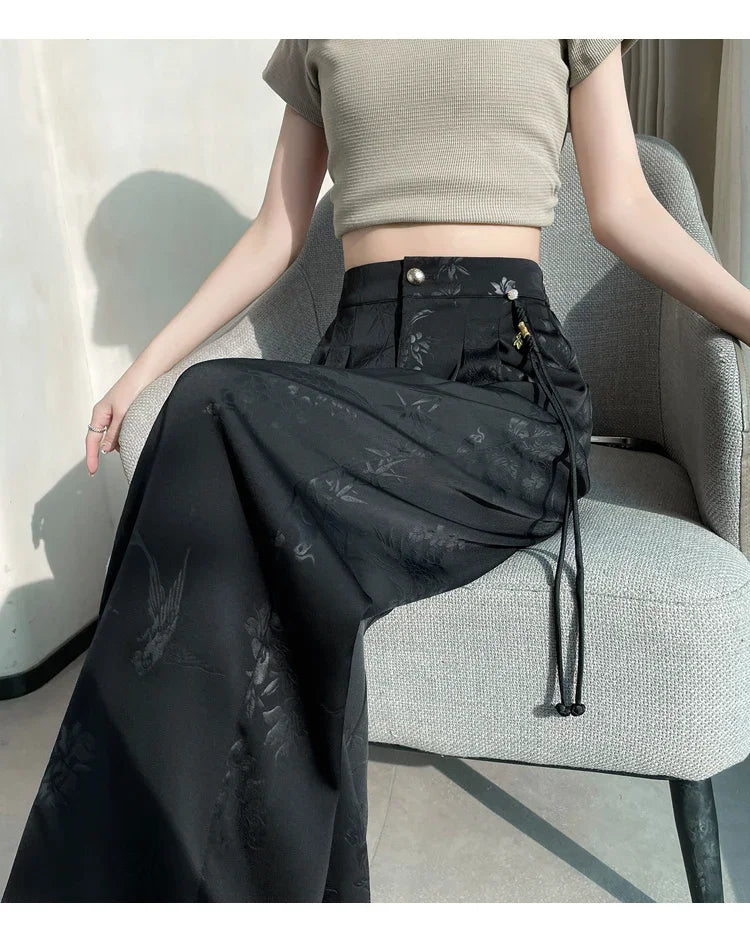 Chinese Style Jacquard Wide Leg Satin Pants – Women