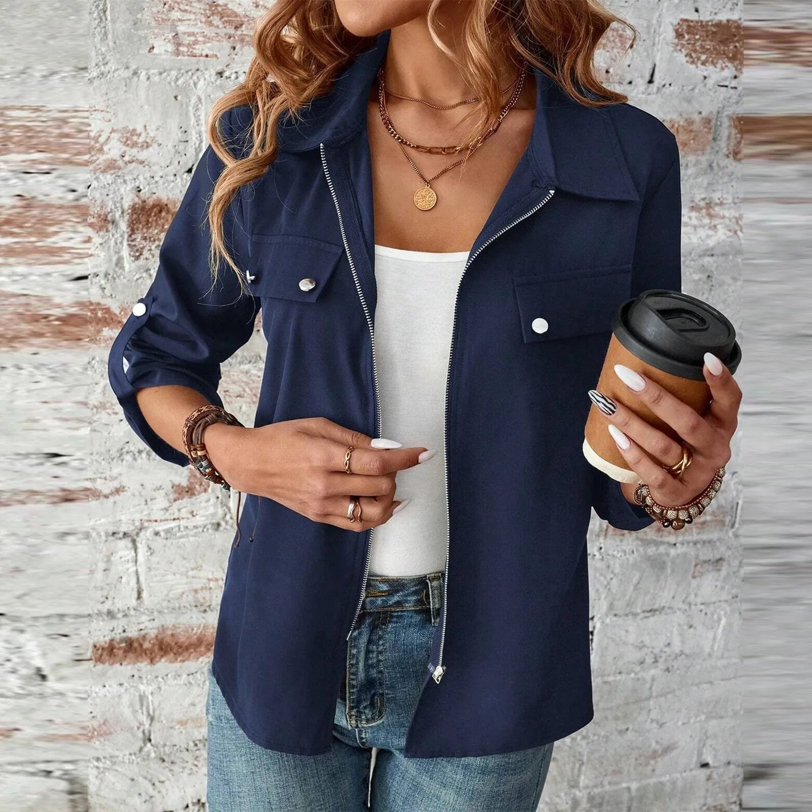 Women’s Long Sleeve Lapel Zip-Up Lightweight Jacket