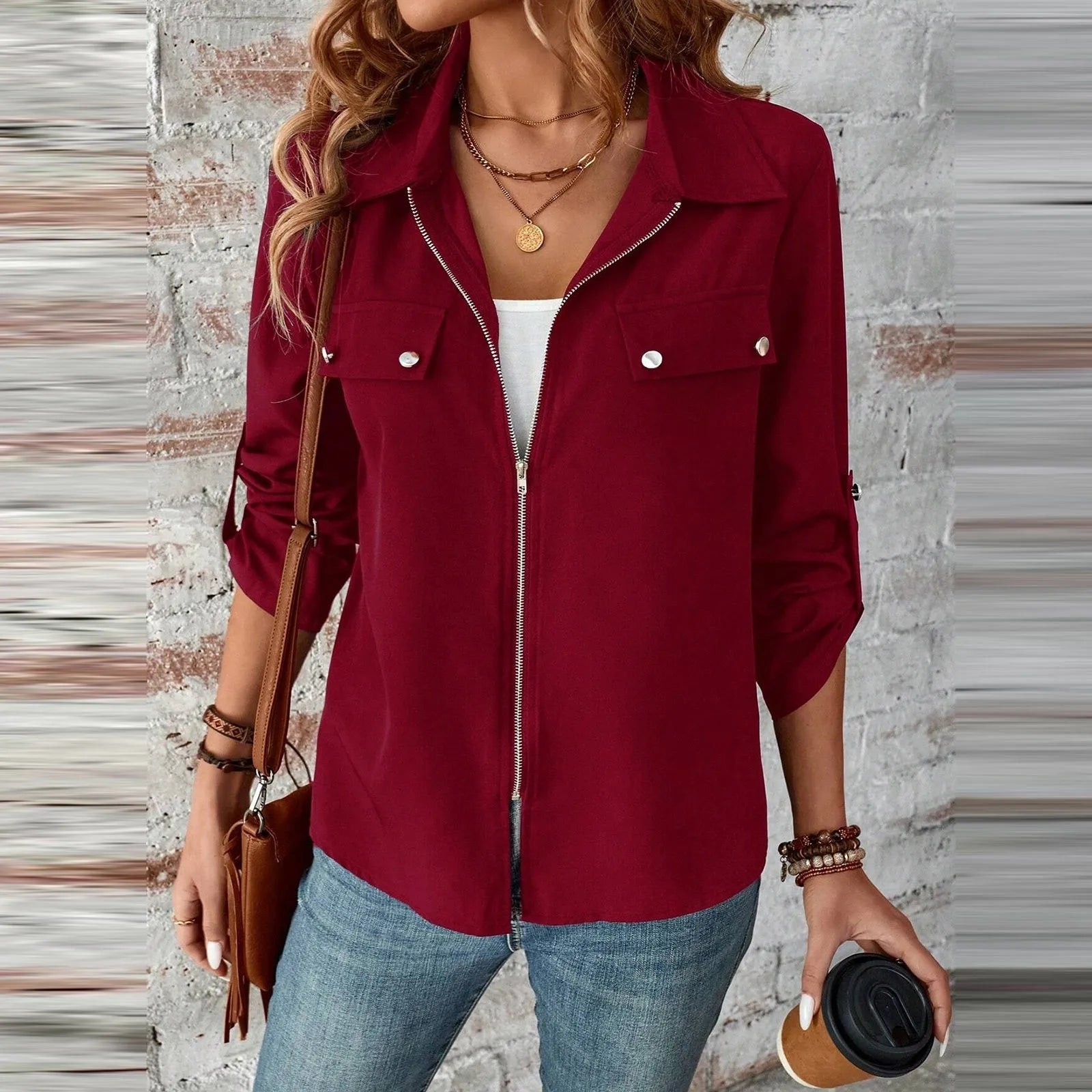 Women’s Long Sleeve Lapel Zip-Up Lightweight Jacket