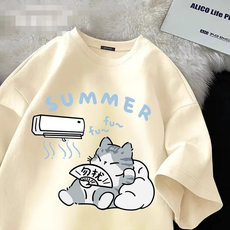 Summer Japanese Cartoon Cute Cat T-Shirt