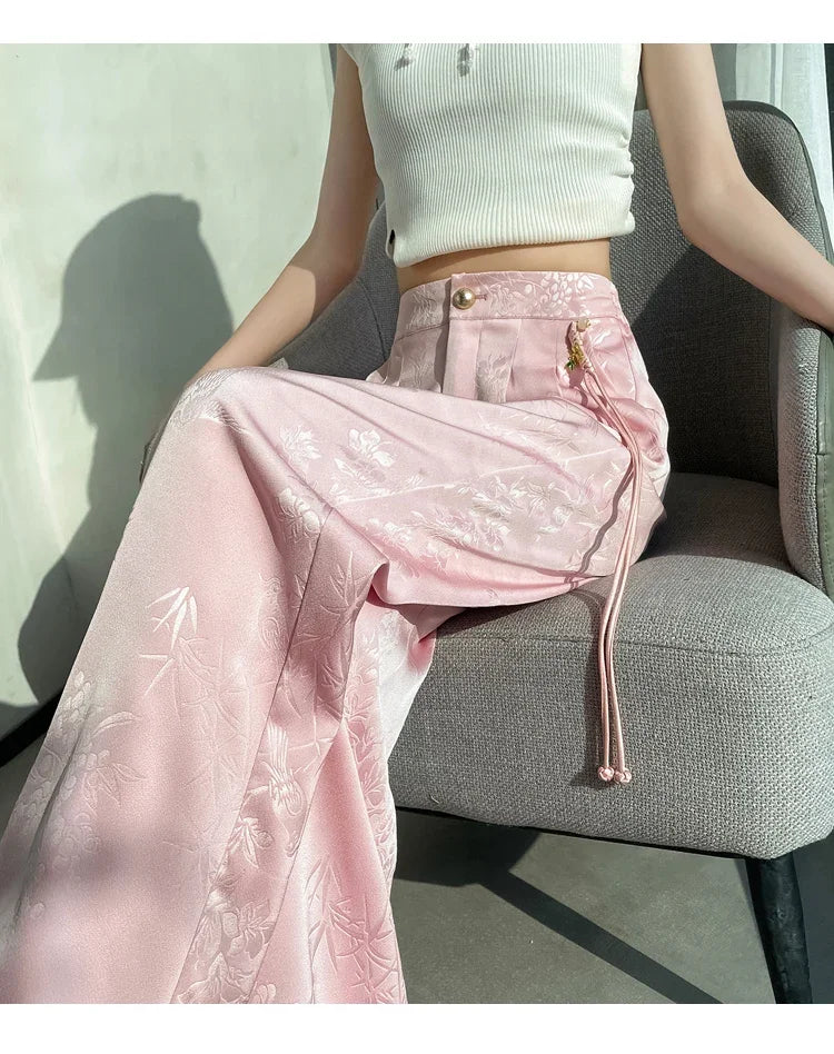 Chinese Style Jacquard Wide Leg Satin Pants – Women